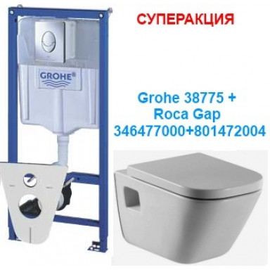 Унитаз подвесной Roca Gap с крышкой + Инсталляция Grohe 38750 + 346477000 + 801472004